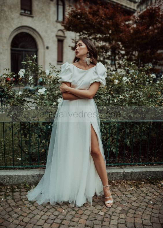 Short Sleeves Ivory Satin Tulle Slit Wedding Dress